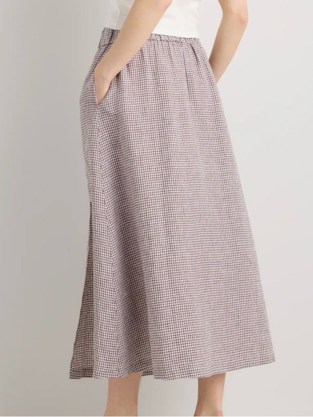 QUINCE 100% European Linen Brown & Taupe Gingham Maxi Skirt W/Side Slit Sz L NWT - Picture 2 of 9